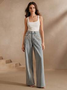 Anewsta Women's New Fashion Heavy Rhinestone Bubble Jeans, Straight Leg, Blue, Suitable For Valentine's Day And Mother's Day