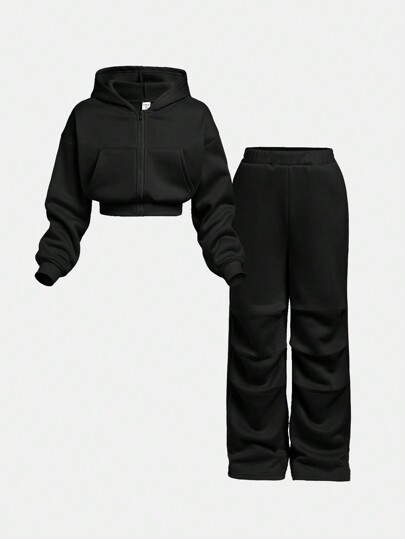 SHEIN Conjunto de sudadera con capucha de punto informal para niñas preadolescentes