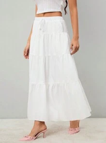 SHEIN Tall 女士纯色高腰系带荷叶边下摆长裙