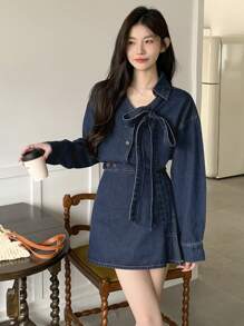 DAZY Damen Lässig Set aus Knopfverschluss Langarm Top und Denim Rock, 2-teilig