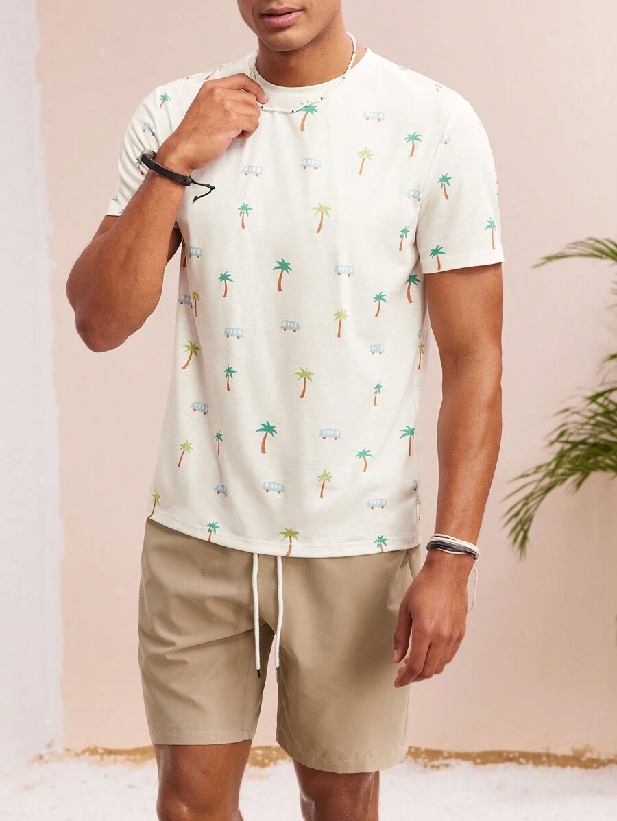 Manfinity VCAY 2pcs/Set Men Casual Loose Short Sleeve T-Shirt & Elastic Waistband Straight Hem Shorts Set - Apricot - View 1