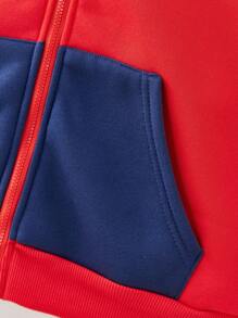 SHEIN Tween Boy 拼色长袖连帽休闲拉链夹克，秋冬