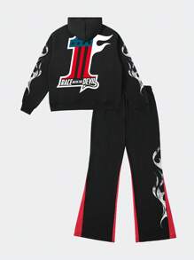 ROMWE MEN Street Life Men's Letter Print Zipper Hoodie And Sweatpants Set - Black - View 10
