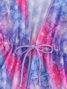 Young Girl Fish Scales Print Cutout Waist Bow One-Piece Swimsuit And Kimono 2 Pieces Set - Purple - View 4