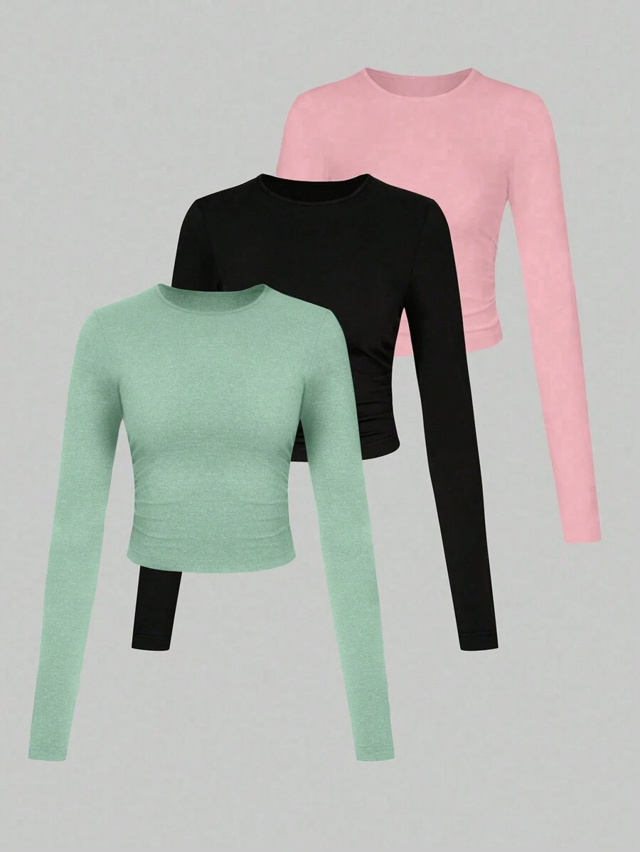 SHEIN LUNE 3 件套女士休闲纯色圆领长袖 T 恤套装