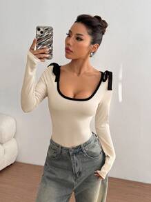 SHEIN Unity 女式长袖紧身衣，黑色配白色条纹，系带，修身，适合日常通勤 - 杏色 - 查看 4