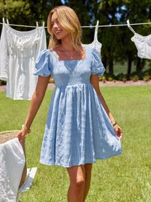 KARISMINA Women's Elegant  Solid Color Short Sleeve Square Neck Puff Dress For Summer,Pastel Dresses For Women