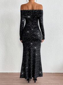 SHEIN Privé Elegant Off Shoulder Metallic Silver Decorative Button Mermaid Dress For Women, Party & Casual Wear, Spring/Autumn