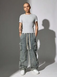 SUMWON Premium Loose Fit Cargo Jeans With Drawstring, Multi-Pocket Design, Streetwear Utility Denim Pants, Perfect For Urban Fashion, Workwear, Fall Winter Fashion - Blue - View 3