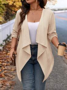SHEIN LUNE Plus Size Winter Fashion Asymmetric Collar Design Long Knit Cardigan For Going Out And Work Women Cardigans Fall Autumn - Apricot - View 1