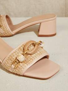 SHUZIA Sandalias de tacón medio de rafia elegantes y casuales para damas - Beis - Ver 6