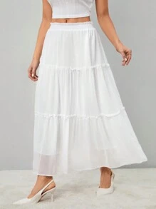 SHEIN Tall Ruffle Skirt Boho Long Skirt Break Solid Frill Trim Ruffle Hem White Skirt - White - View 1