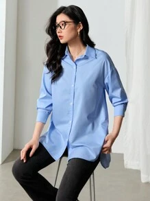 EastFlair Camisas casuales de mujer de manga larga con caída de hombros y abotonadura sencilla en unicolor, para otoño