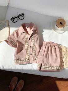 SHEIN Leap Crew 2pcs/Set Baby Boys Casual Cute Drawstring Waist Shirt And Shorts Set, Suitable For Spring & Summer Wear - Khaki - View 5