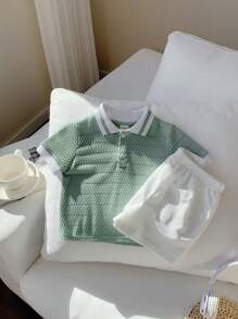 Set da 2 pezzi per neonati maschio/femmina, top a maniche corte con colletto polo a contrasto di colore e pantaloncini con vita elastica di colore unito
