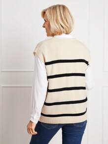 SHEIN LUNE 女士休闲撞色条纹 V 领针织背心 - 彩色 - 查看 2