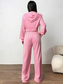 SHEIN EZwear 2 件套女士纯色前拉链长袖连帽衫和裤子，简约 - 粉色 - 查看 2