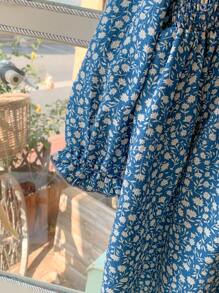 Blossori Young Girls' French Elegant Blue Ditsy Floral Color Block Collar Loose Woven Dress, Spring/Summer