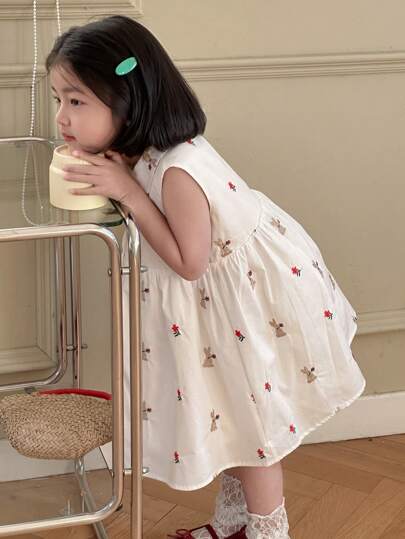 Dazy Kids فستان كاجوال بأزرار أمامية مطرز بالزهور بدون أكمام للفتيات، ملابس صيفية للفتيات في عيد الفصح