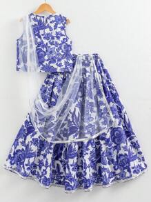 3 件套 Tween 女童提花面料吊带背心长裙，配网眼披肩，2 件套