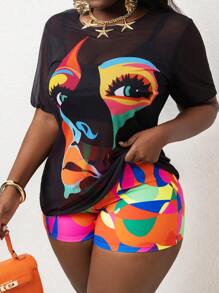 SHEIN Slayr CURVE Conjunto de tankini de talla grande para mujer con estampado abstracto de rostros de varios colores - Multicolor - Ver 1