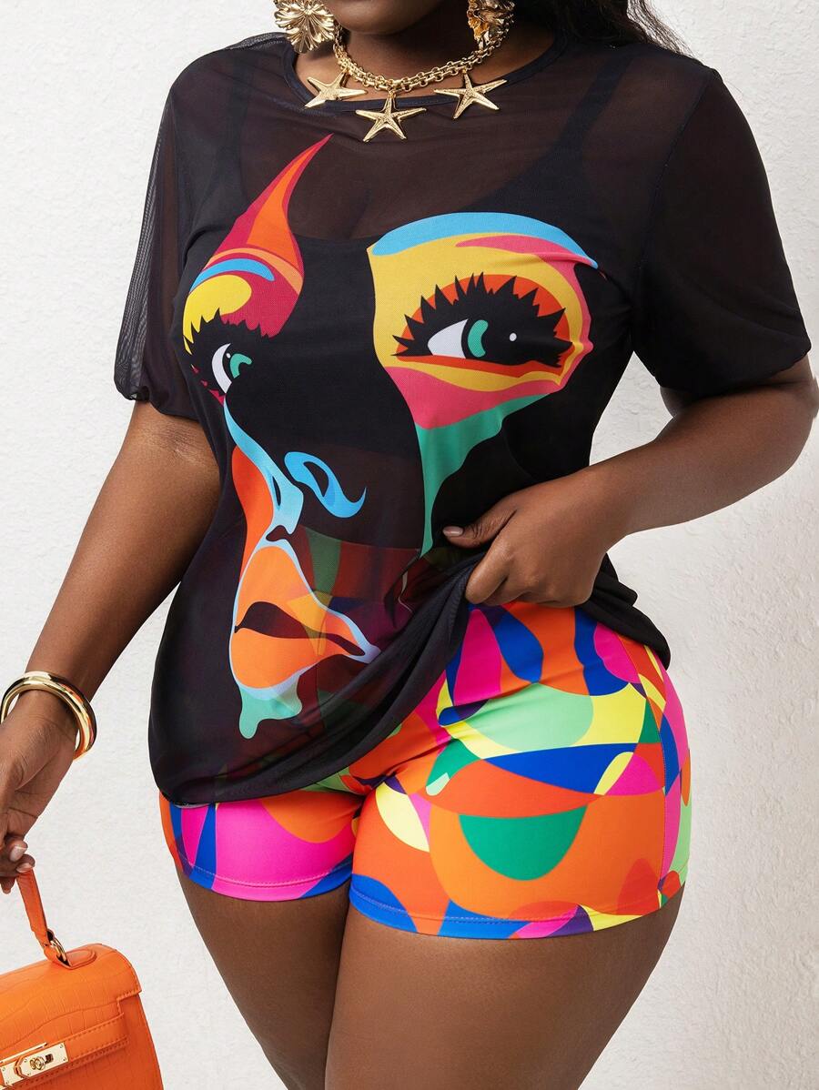 SHEIN Slayr CURVE Conjunto de tankini de talla grande para mujer con estampado abstracto de rostros de varios colores - Multicolor - Ver 1