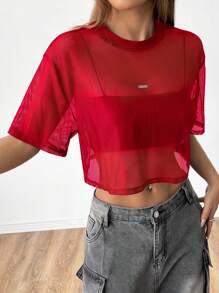 SHEIN EZwear Women's Red Mesh Round Neck Loose Short Sleeve Top