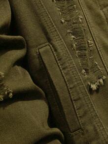 Manfinity Roughcore Men's Autumn Long Sleeve Ripped Single-Breasted Casual Denim Jacket - Dark Green - View 7