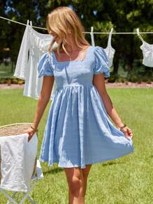 KARISMINA Women's Elegant  Solid Color Short Sleeve Square Neck Puff Dress For Summer,Pastel Dresses For Women