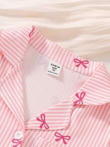 小女孩睡衣套装 - 三件套蝴蝶结领短袖衬衫和长裤休闲舒适睡衣，粉色。母子装（3套另售） - 彩色 - 查看 6