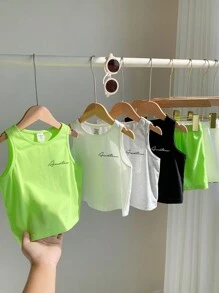 SHEIN Leap Crew 8pcs/Set Baby Boy/Girl Cute Summer Casual Sports Knit Solid Color & Letter Print Vests & Shorts Basic Outfits Set - Multicolor - View 8