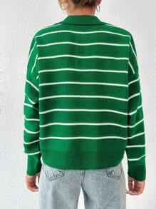 EURMUSE Striped Pattern Drop Shoulder Sweater - Green - View 2