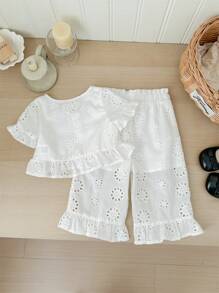 SHEIN LMoss Kids Conjunto de 2 piezas de niña bebé con blusa blanca bordada con volantes y pantalones largos, para el verano - Blanco - Ver 2