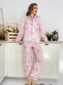 Contrast Color Trim Butterfly Print Lapel Long Sleeve Pajama Set - Multicolor - View 6