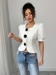 Chiquease Women's Casual Square Collar Flower Decor Bubble Short Sleeve Cropped Blouse