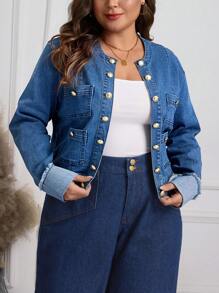 SHEIN LUNE Plus Size Denim Jacket, Casual & Fashionable For Daily Wear - Medium Wash - View 3
