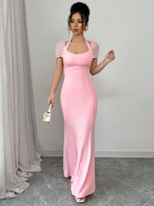 SHEIN PETITE Váy bó hở lưng cổ đan màu trơn thanh lịch kiểu Pháp dành cho nữ, mùa thu - Hồng - Xem 6