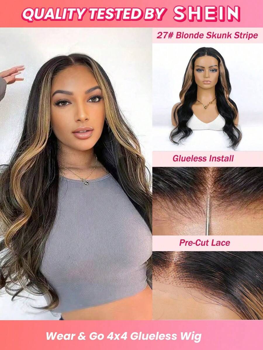 Skunk Stripe Face Framing Natural Black Wig With Honey Blonde 27# Highlight Color Front Streaks Wear & Go 4x4 Pre Cut Glueless Body Wave Closure Wig With Pre Plucked Pure Stretch Breathable Cap Unprocessed Raw Human Hair Wig - SNATURAL/27 - View 1