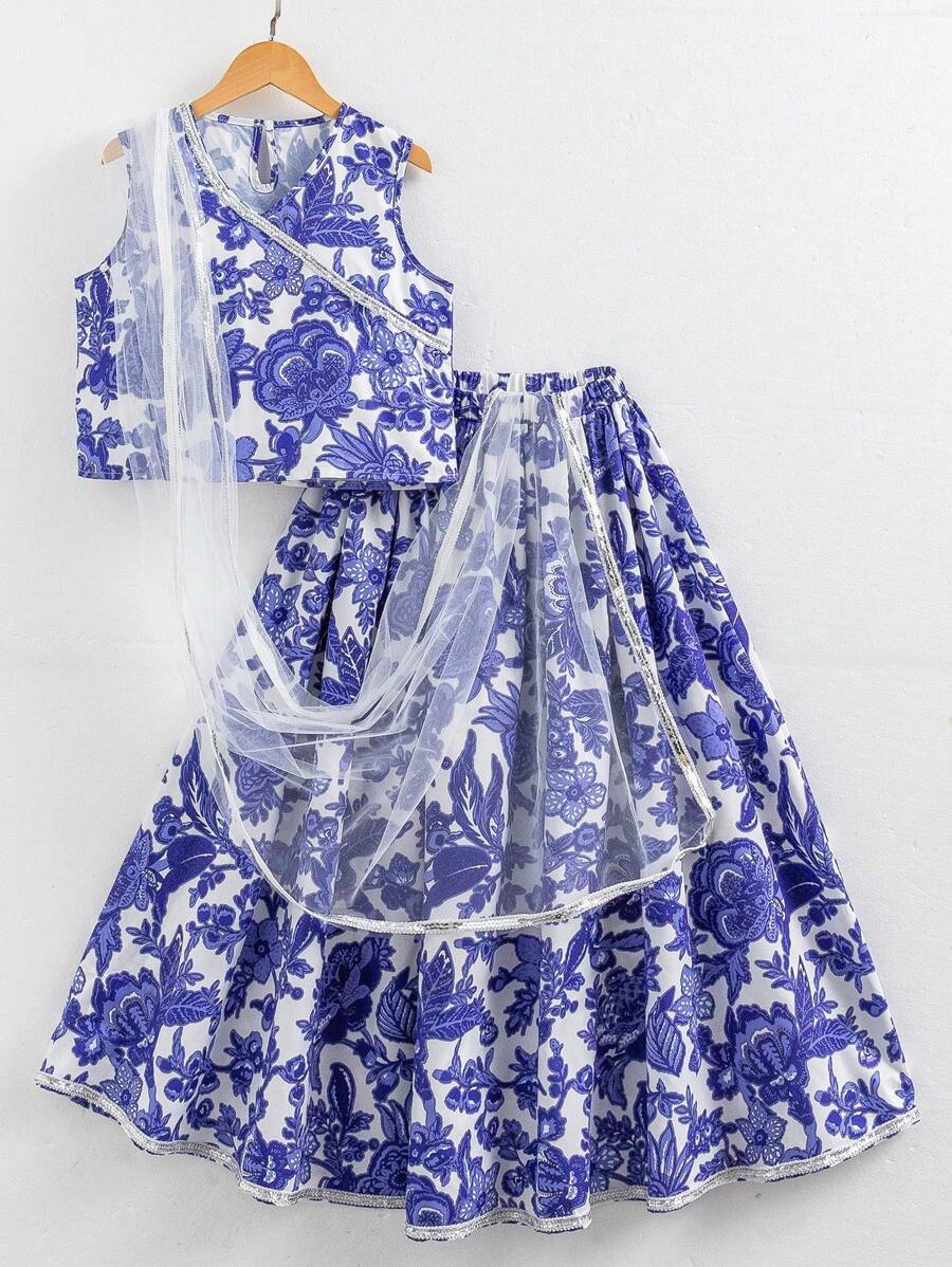 3 件套 Tween 女童提花面料吊带背心长裙，配网眼披肩，2 件套