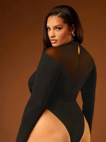 SHEIN Unity Women Clothes, Plus Size Women Stand Collar Long Sleeve Black Mesh Patchwork Sexy Bodysuit, Women Tops, Women Bodysuits, Long Sleeve Top, Sexy Women Tops, Going Out Tops, Black Top, Long Sleeve Women Tops. For Date Night, Concerts, Performances, Parties, Clubs, Evening - Black - View 2