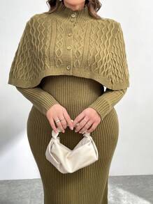 Mulvari 大码纯色圆领长袖毛衣和裤子套装，简约两件套 - 綠色 - 查看 5