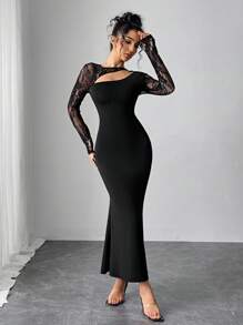 Modelyn Vestido midi elegante de manga larga con contraste de encaje calado y bajo de cola de pez para mujer