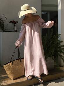 DAZY 女士度假海滩罩衫连衣裙，飘逸 A 字形直筒休闲宽松露肩中长连衣裙，秋季连衣裙长袖连衣裙 - 粉色 - 查看 1