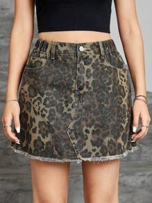 SHEIN 少女休闲牛仔裙配紧身裤，新款豹纹迷彩洗水牛仔迷你裙 - 彩色 - 查看 5