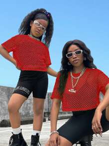 SHEIN Tween Girl 活力街头风透气网眼针织圆领短袖上衣 - 紅色 - 查看 3