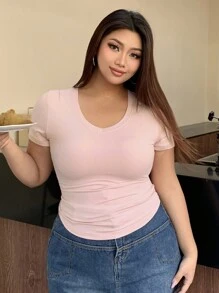 Dazy Petite Plus Solid Color Asymmetric Hem V-Neck Short Sleeve T-Shirt, Pink Top, Spring/Summer - Pink - View 6