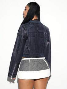 SHEIN ICON Women's Front Zipper Long Sleeve Pocket Simple Casual Denim Jacket - Black - View 2