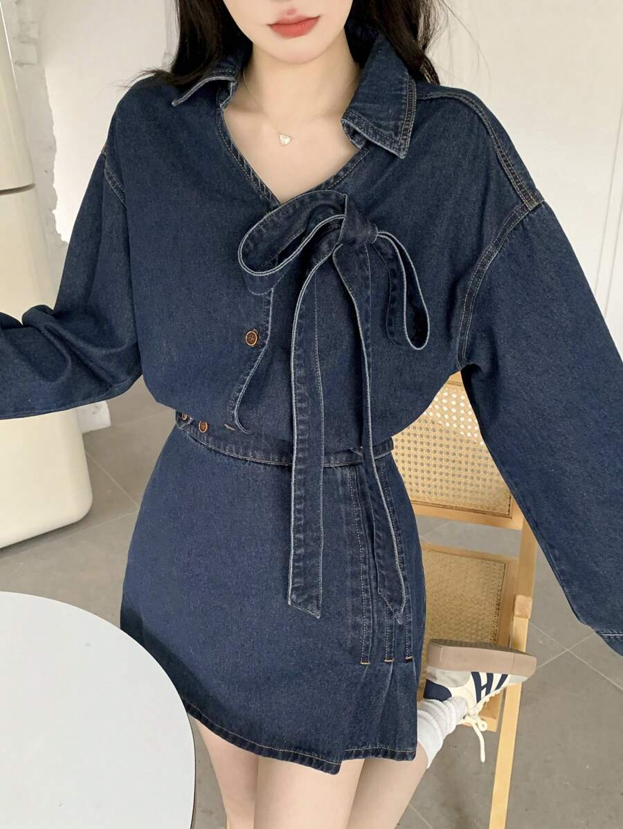 DAZY Damen Lässig Set aus Knopfverschluss Langarm Top und Denim Rock, 2-teilig