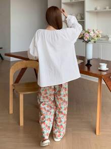 DAZY 纯色灯笼袖上衣和全身花卉印花长裤睡衣套装