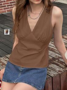 Jouncy Women's Solid Color V-Neck Sleeveless Casual Tank Top - Brown - View 4